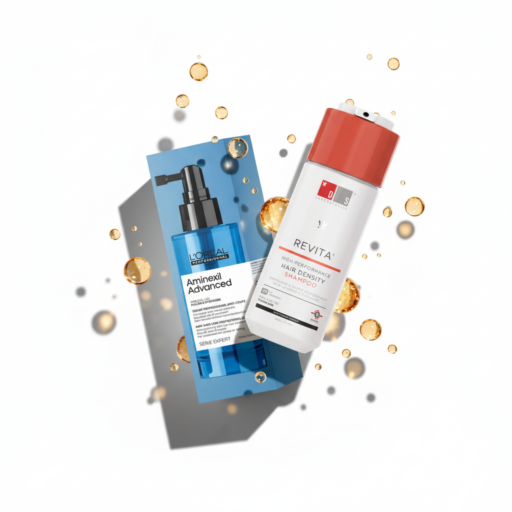 L'Oreal Aminexil hair growth serum and DS Laboratories Revita hair loss shampoo — professional hair loss treatment products available at Partners Hair South Africa