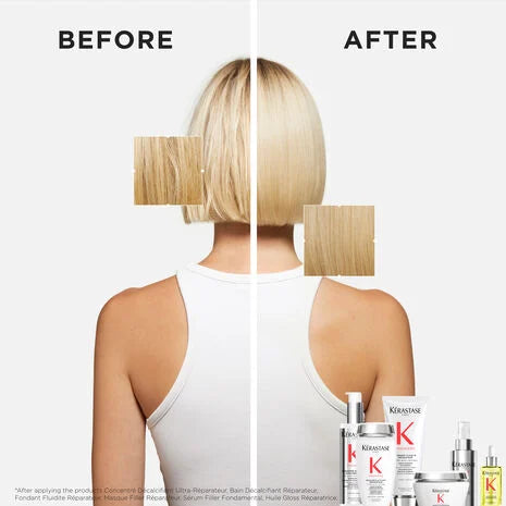 Blonde bob hairstyle before and after treatment with products to repair damaged hair.