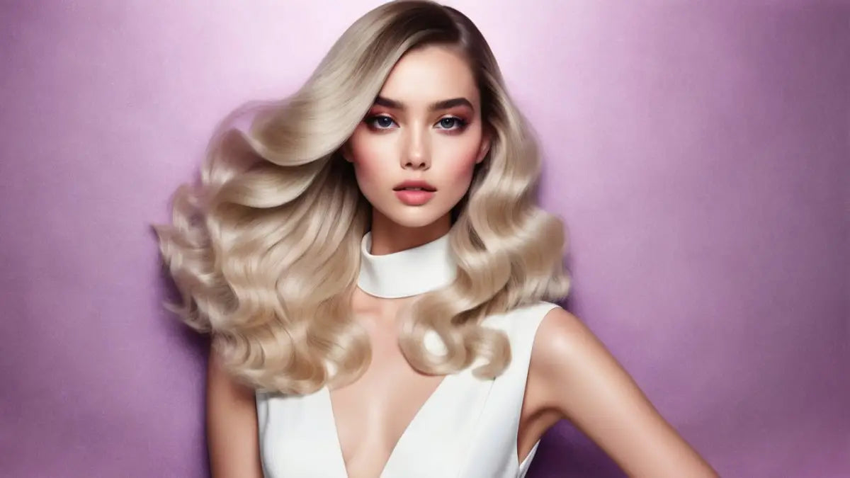 Woman with voluminous blonde wavy hair in a white top showcasing Fanola Hair Products.
