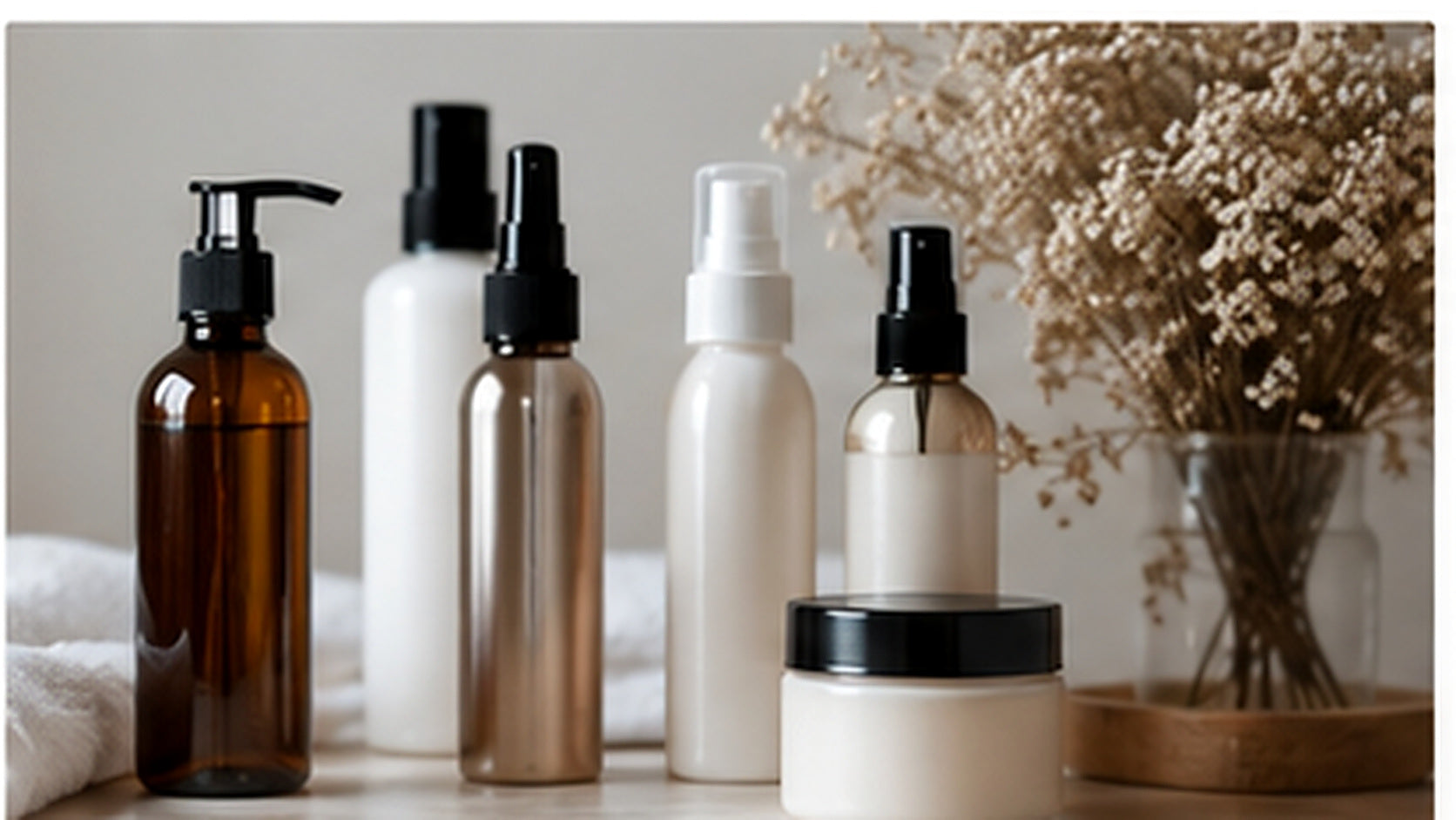 Curated professional haircare products arranged as a simple routine on a clean vanity.