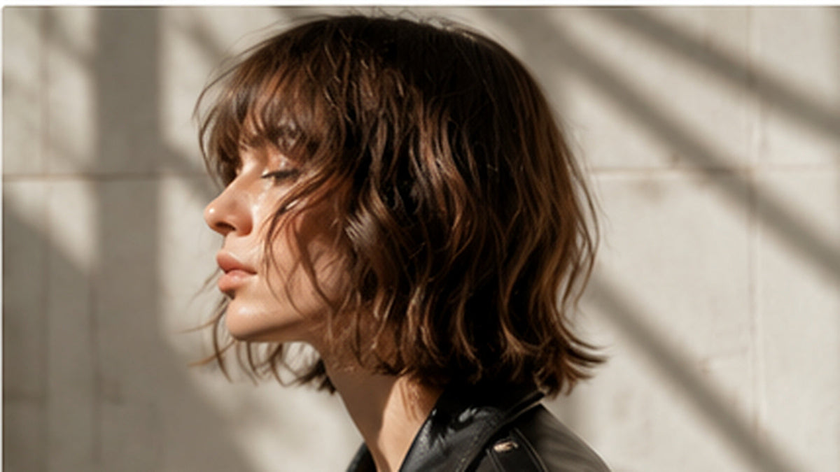 Modern layered brunette haircut in soft editorial light