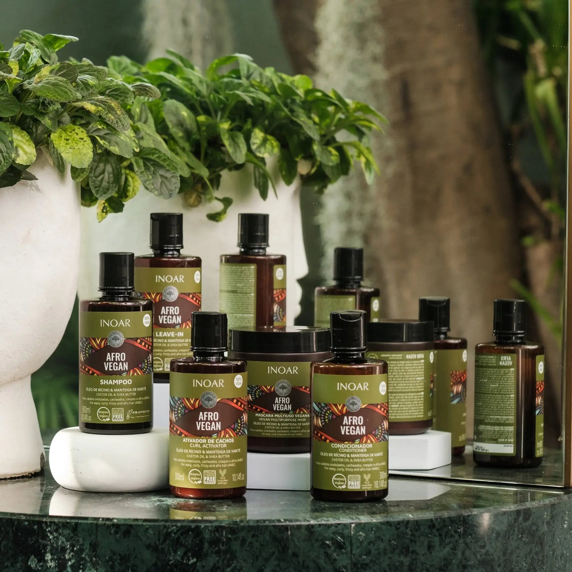 Inoar Afro Vegan hair care products showcased with a vibrant potted plant.