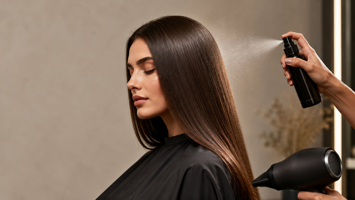 Stylist finishing sleek smooth brunette hair with a professional spray and blow-dry, illustrating frizz control and shine.
