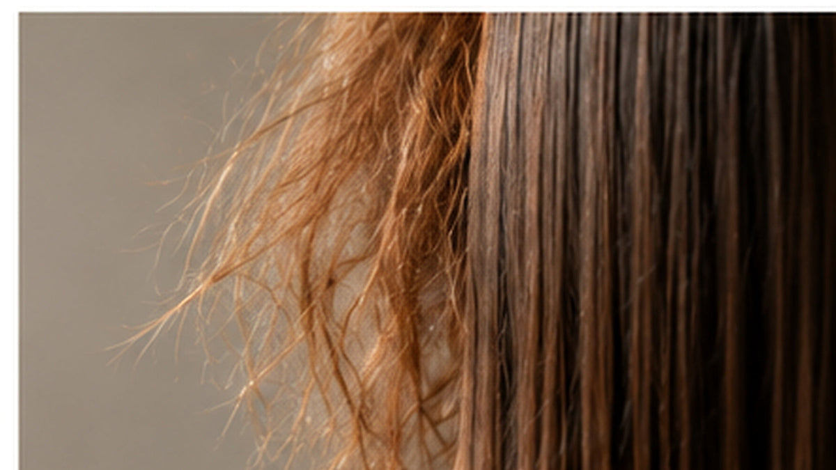 Close-up of strong glossy hair being professionally styled, illustrating repair and strengthening care for damaged hair.