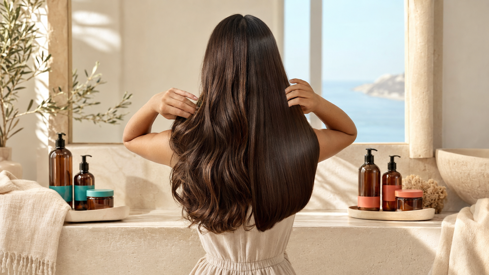 Long brunette hair comparing hydrated waves with smooth repaired lengths