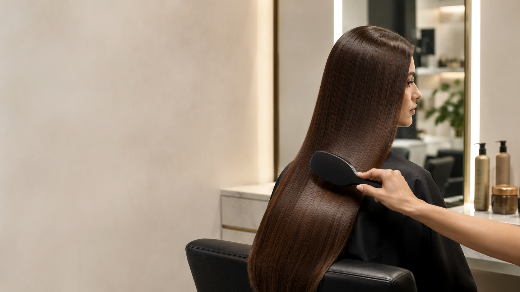 Stylist brushing long sleek brunette hair in a modern salon, illustrating gentle detangling and smoothness.