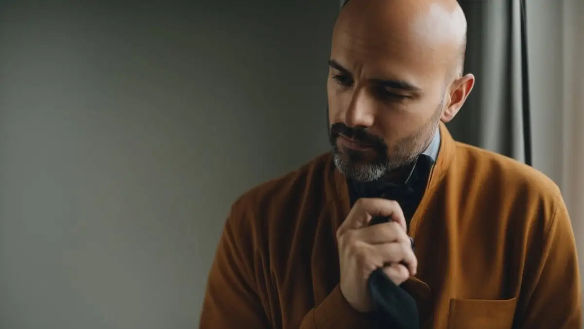 Bald man with a beard in an orange sweater discussing hair loss journey solutions.