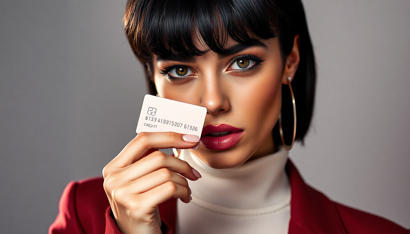 A high fashion model o avant-garde frss holding a credit card on a studio background