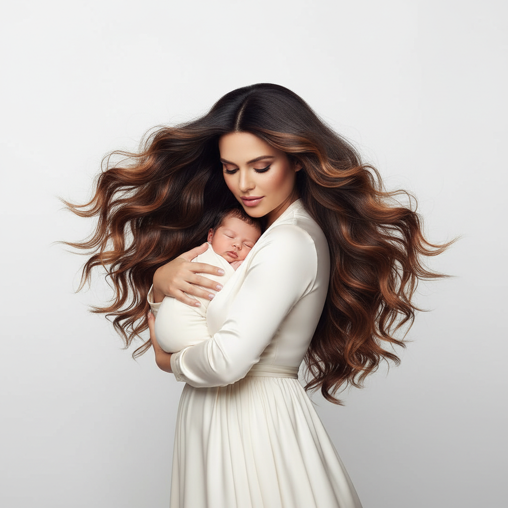 New mother with healthy glossy hair — postpartum hair loss treatment and hair growth products available at Partners Hair salons and online in South Africa