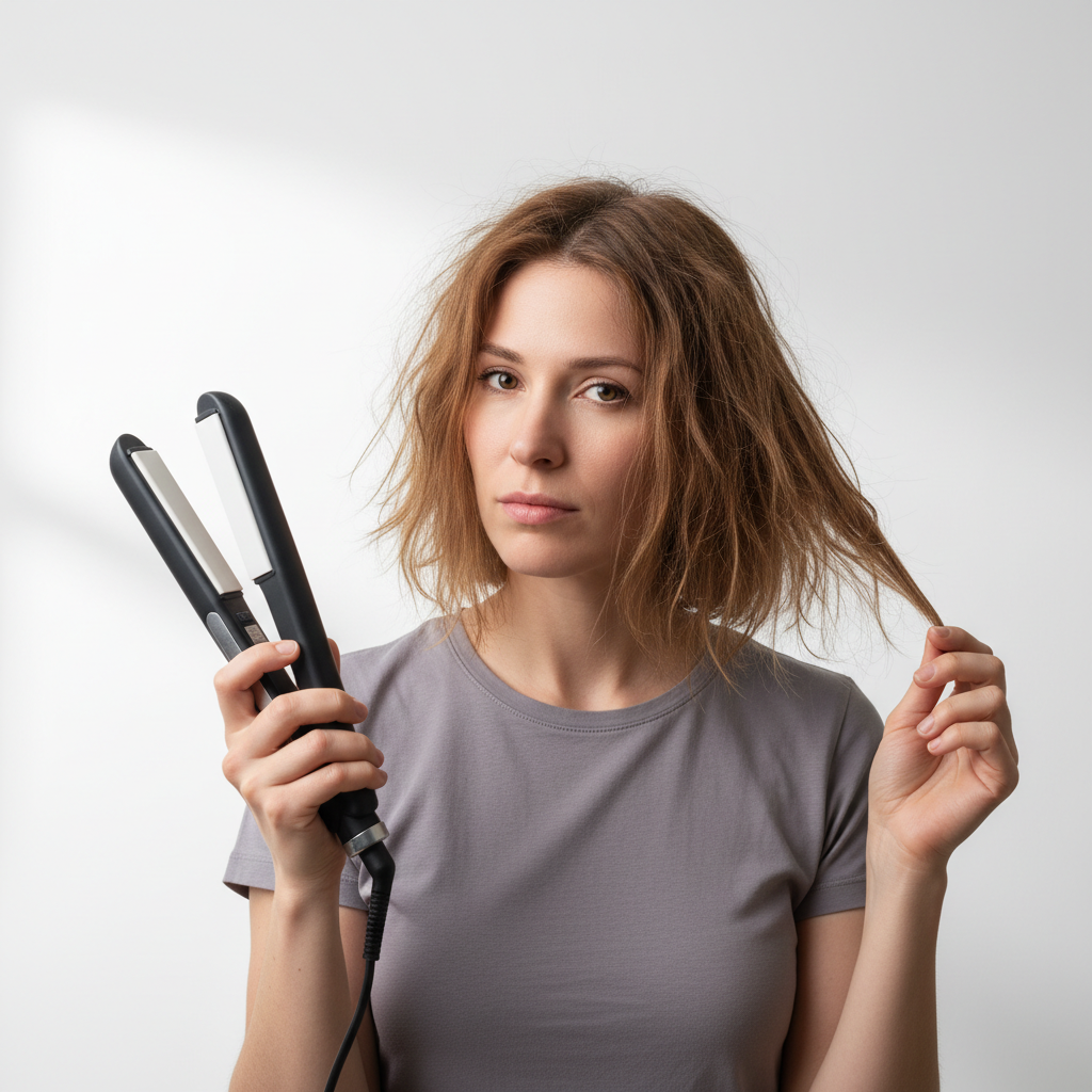 Woman with heat-damaged hair holding a straightener showing the difference between heat damage and hair loss - Partners Hair South Africa