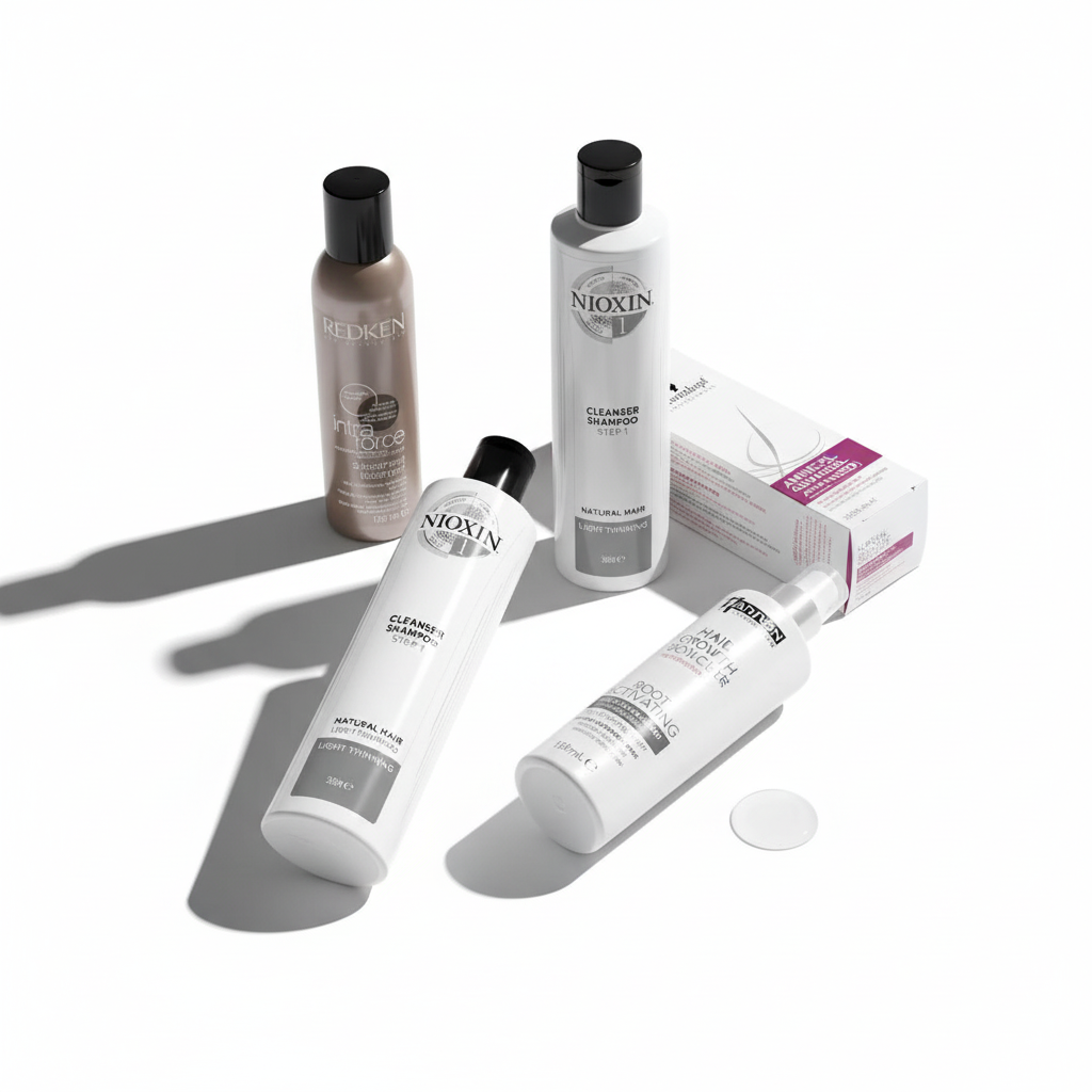 Complete professional hair loss routine products including shampoo, serum and scalp treatment available in South Africa