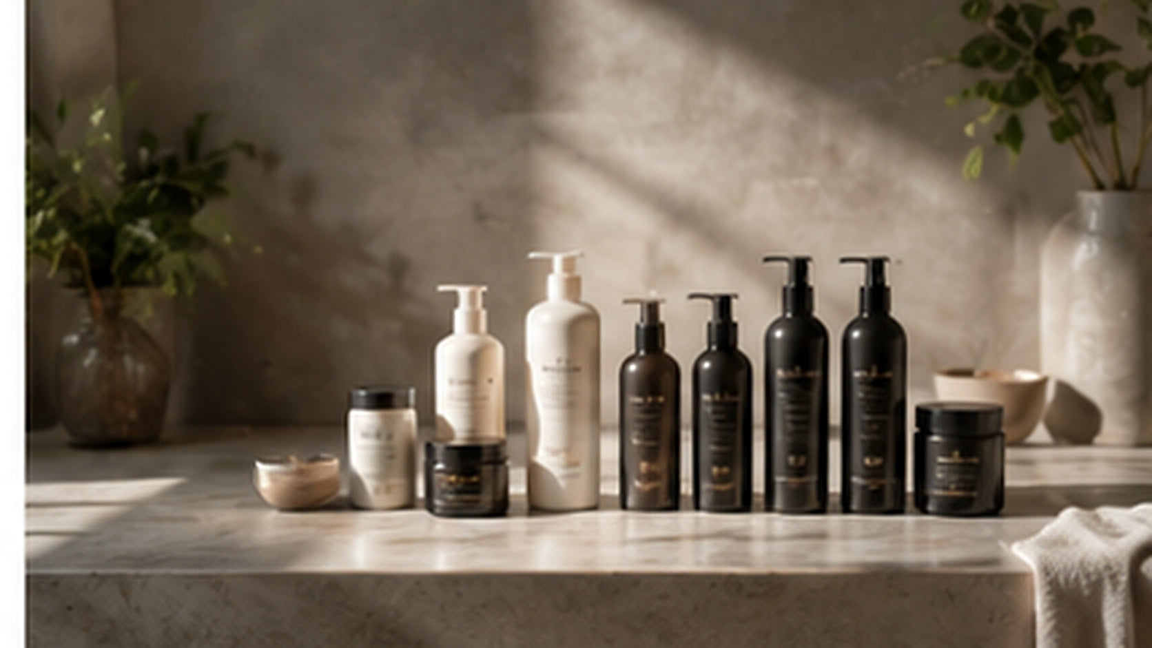 Professional salon haircare products arranged in a warm editorial salon setting