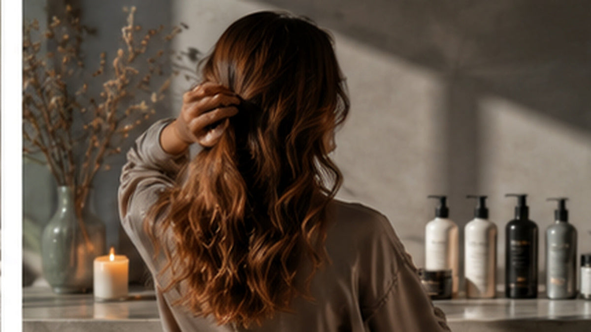 Long healthy brunette hair with professional salon products in a warm routine setting