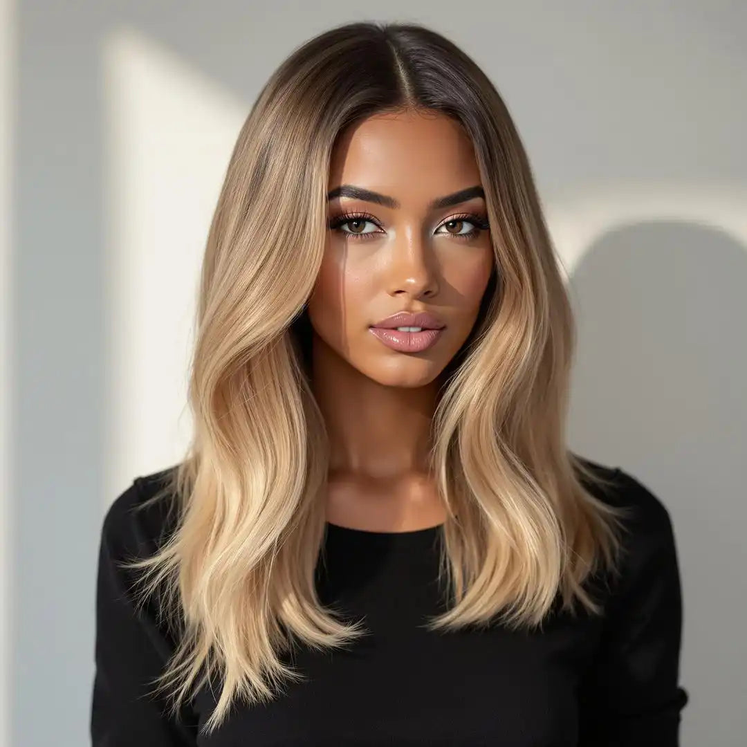 Beautiful blonde ombré hairstyle with soft waves showcasing silver hair and brassy tones.