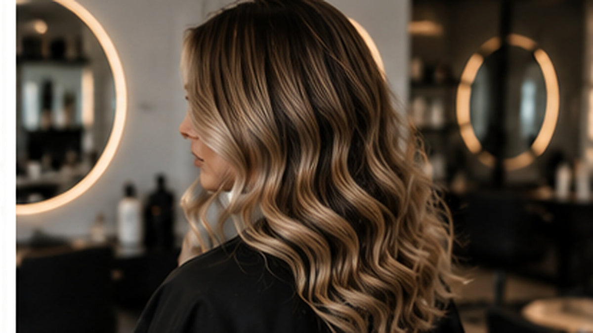 Glossy colour-treated hair with soft dimensional waves in a salon, illustrating vibrant shine and colour gloss.