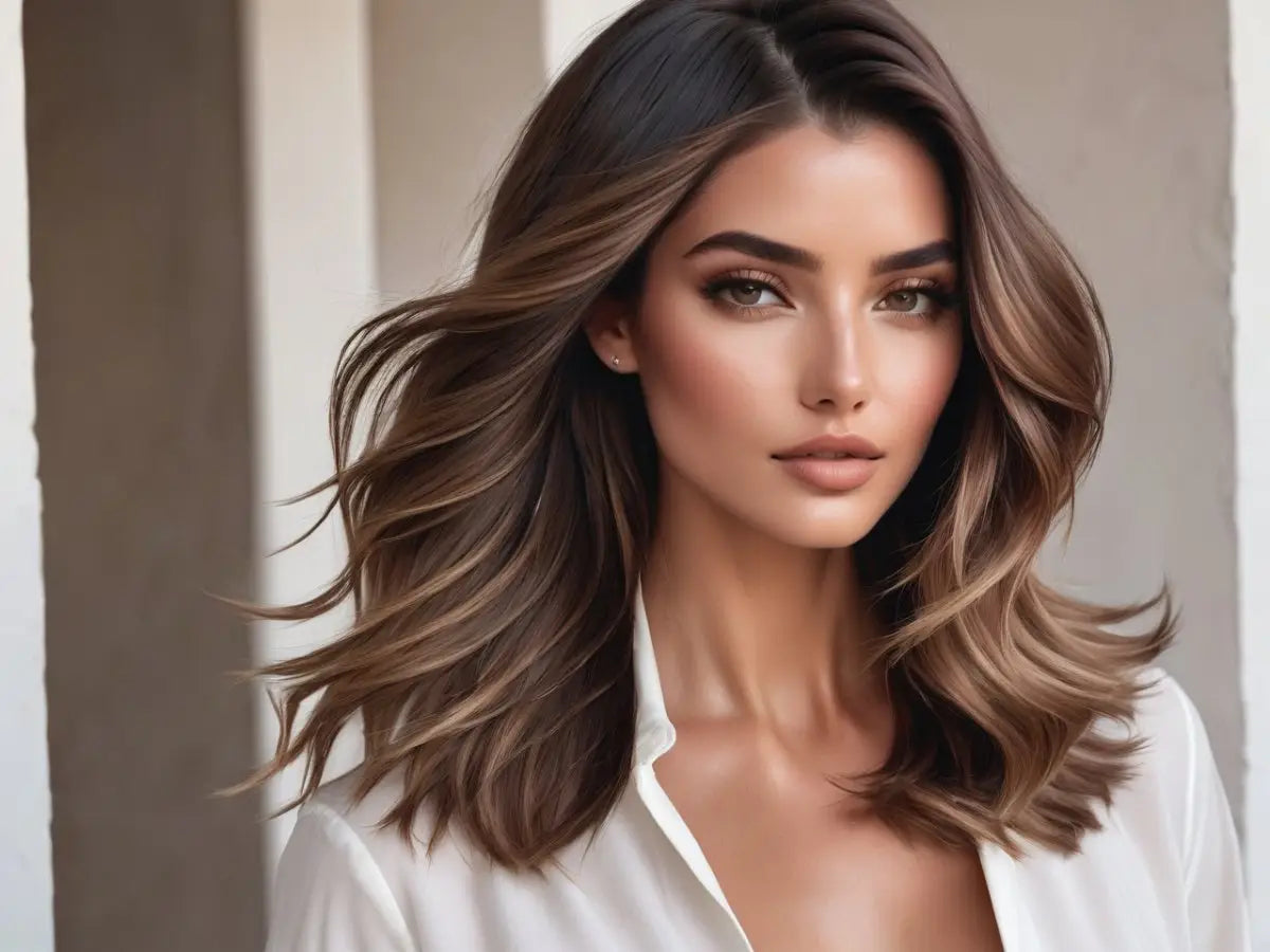 Woman with long, wavy ombre hair wearing a white top for color-treated hair care.