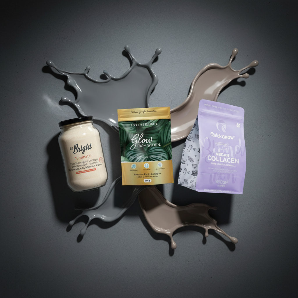 Collagen supplements for skin, hair and nails - premium collagen powder and tablets including Be Bright Luminate, Motherkind Glow, and vegan collagen options