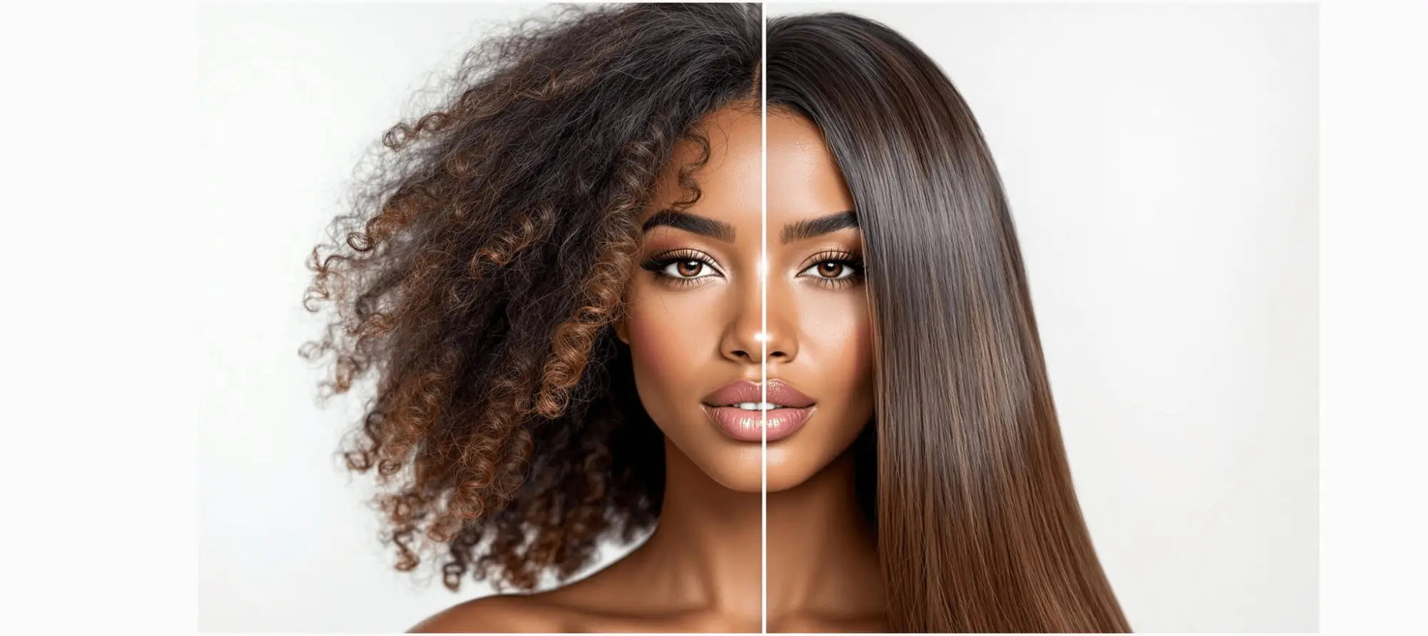 Split-view showcasing natural curly and straight hair from Keratin Hair Products collection.