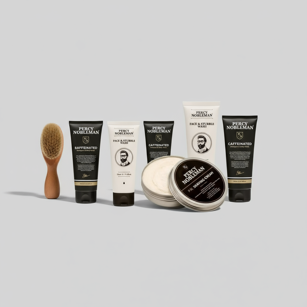 Percy Nobleman premium men's grooming products including beard brushes, beard softener, face wash, shaving cream and body wash
