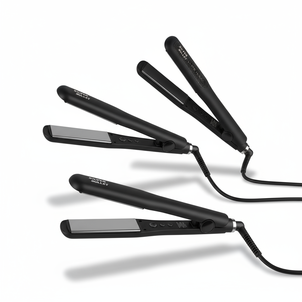 Silver bullet straighteners collection featuring Lightning Titanium, White Heat Max, and Glide Ceramic hair straightener models - professional silver bullet flat iron styling tools at Partners Hair South Africa