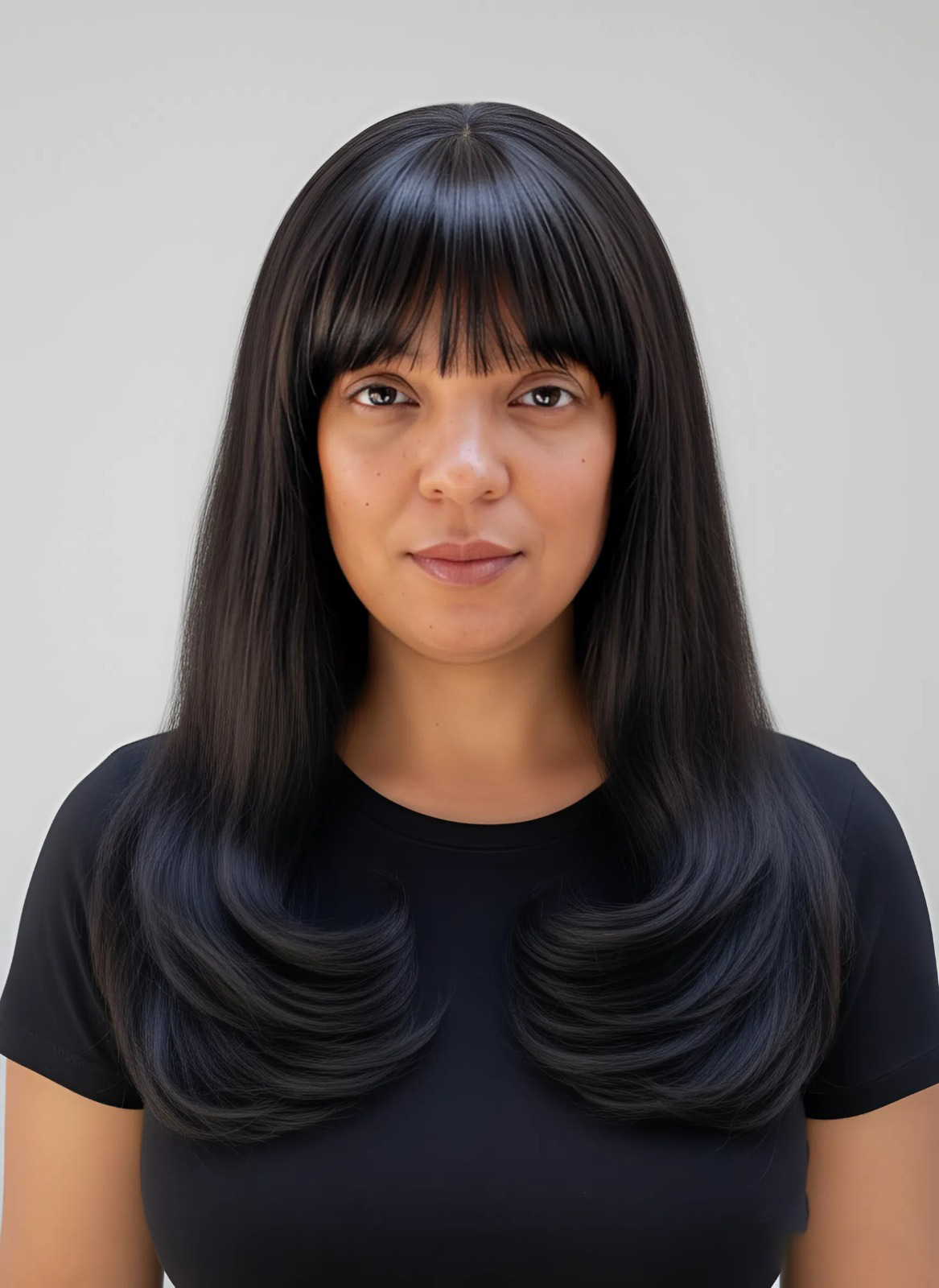 Ruby Wigs | Selena Long black Human Hair wig, face frame style with full, sweeping fringe