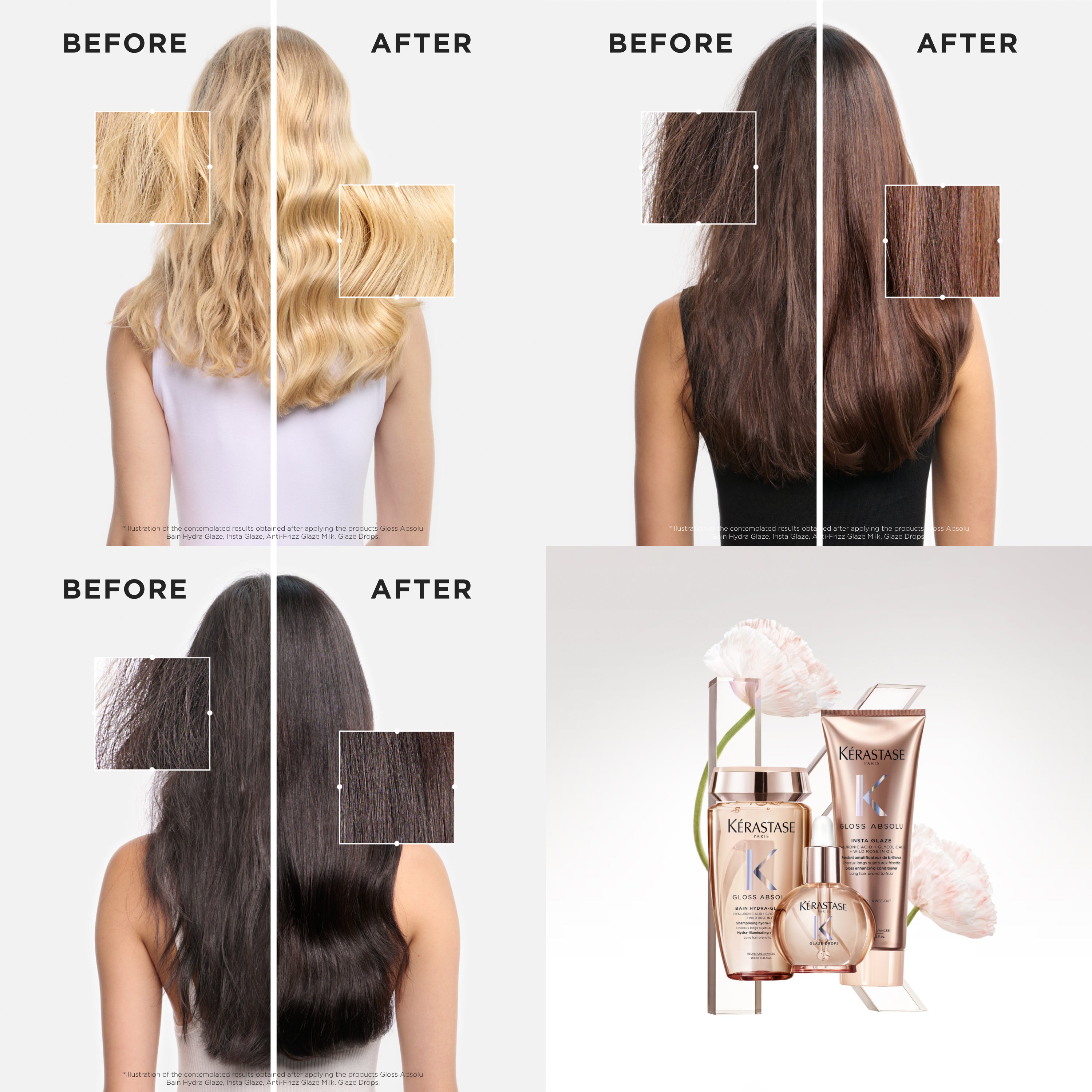 Kérastase Gloss Absolu: Hair transformation before & after. See the shine! Frizz-free results on blonde, brunette, and dark hair.