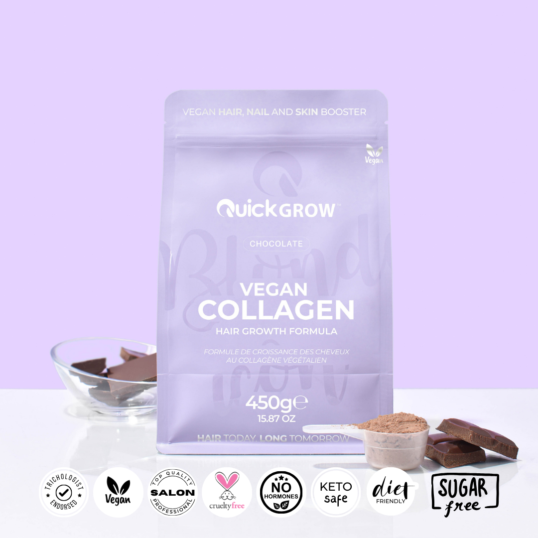 Styled ingredient photograph for Quick Grow Chocolate Vegan Collagen 450g