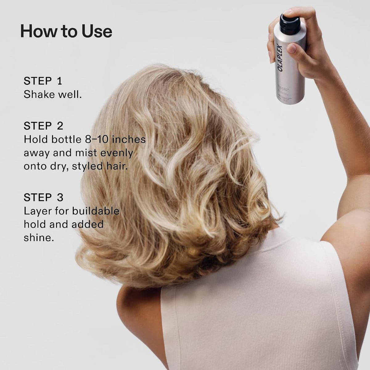 How to use Olaplex Shape Set Hairspray: shake, hold away from hair and mist onto dry styled hair