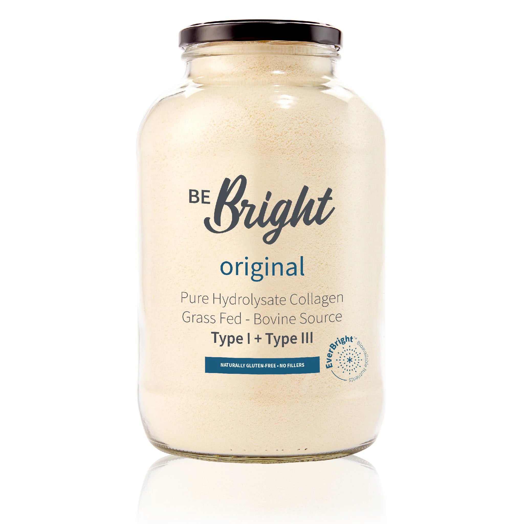 Be Bright Original Collagen Powder 350g in a clear jar, showcasing premium grass-fed hydrolysed collagen for wellness.