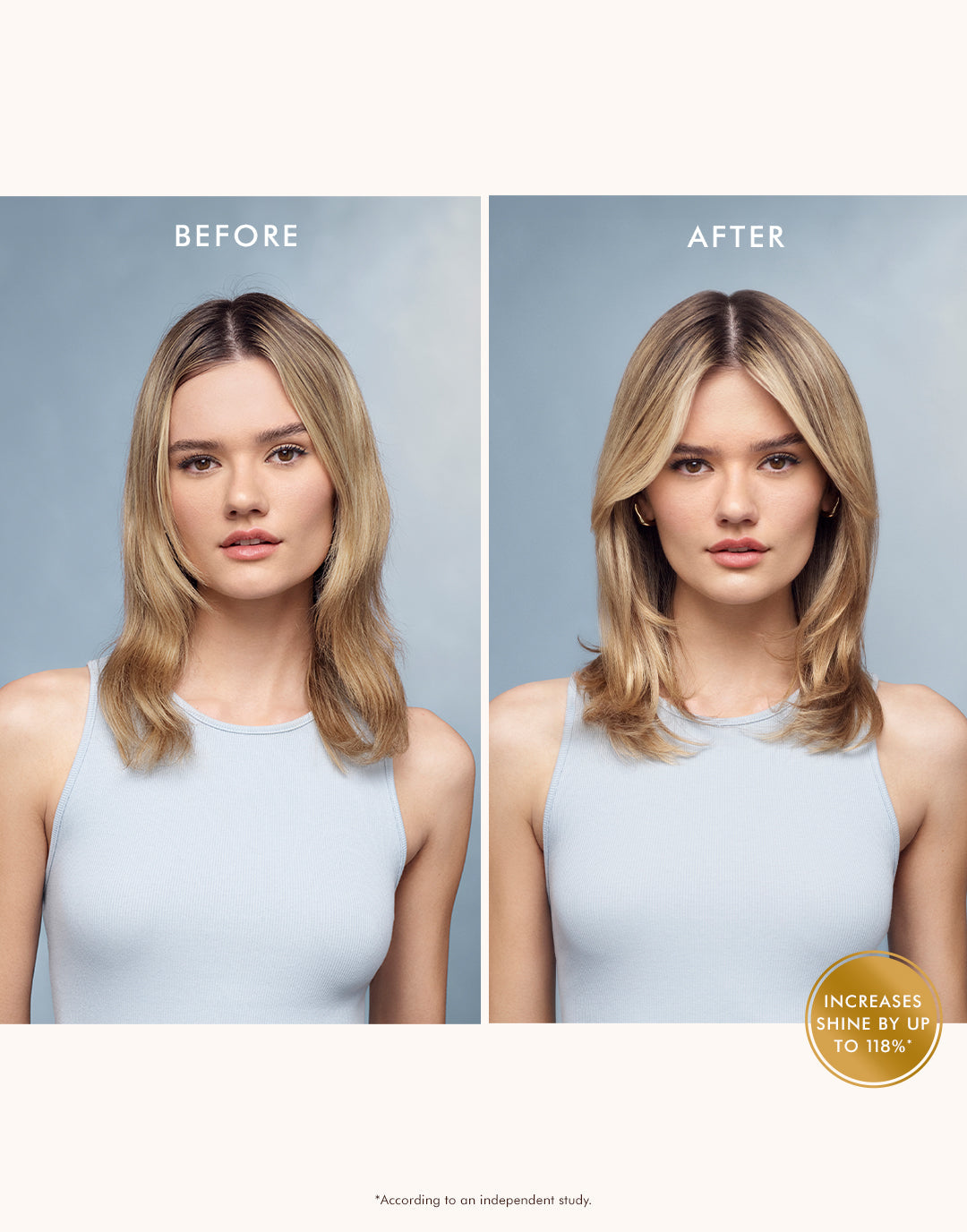 Moroccanoil Light Treatment before and after — fine dull hair transformed to shiny smooth and manageable