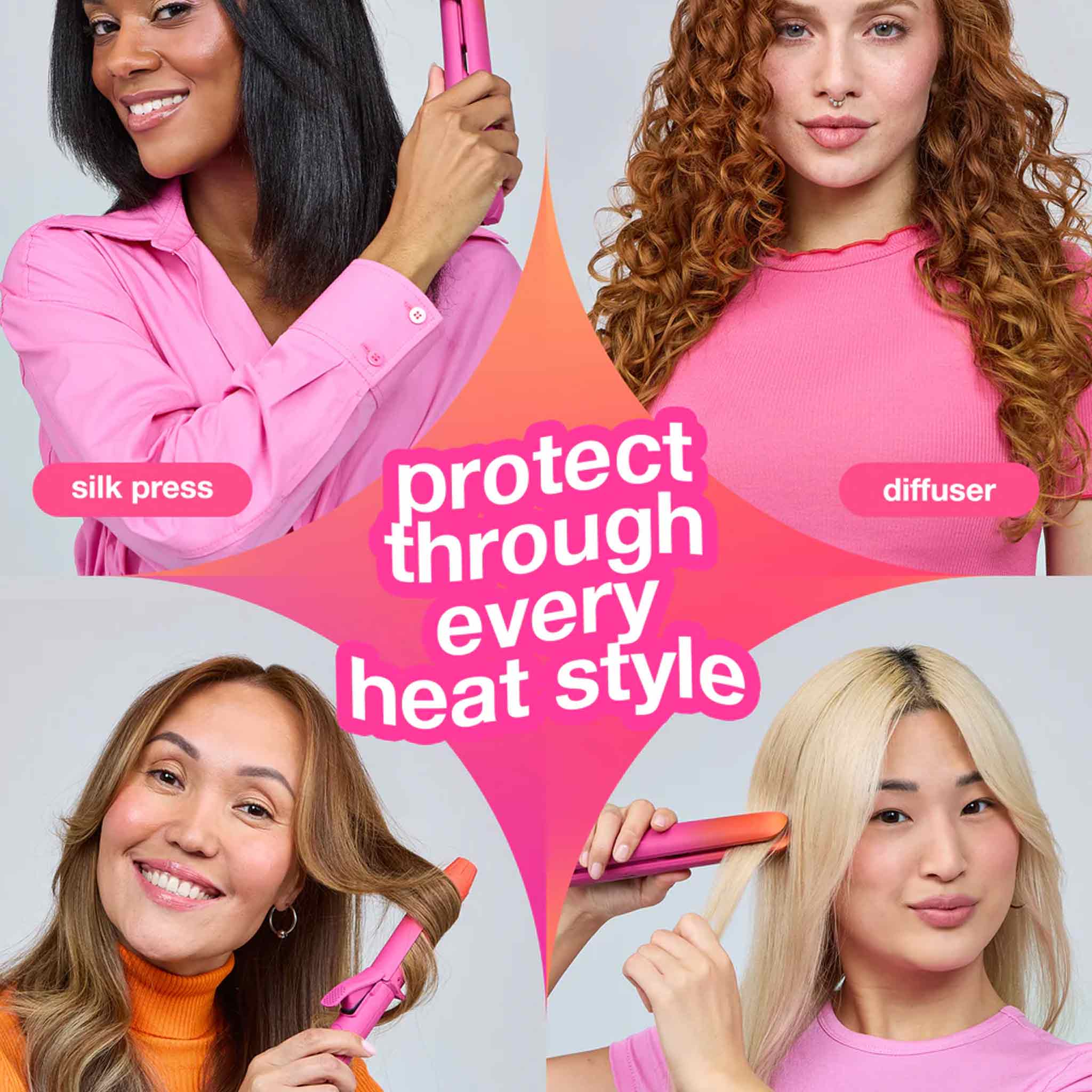 K18 Heat Protectant: Diverse women showcasing silk press, diffuser, curls, straight styles. Partners Hair Design.