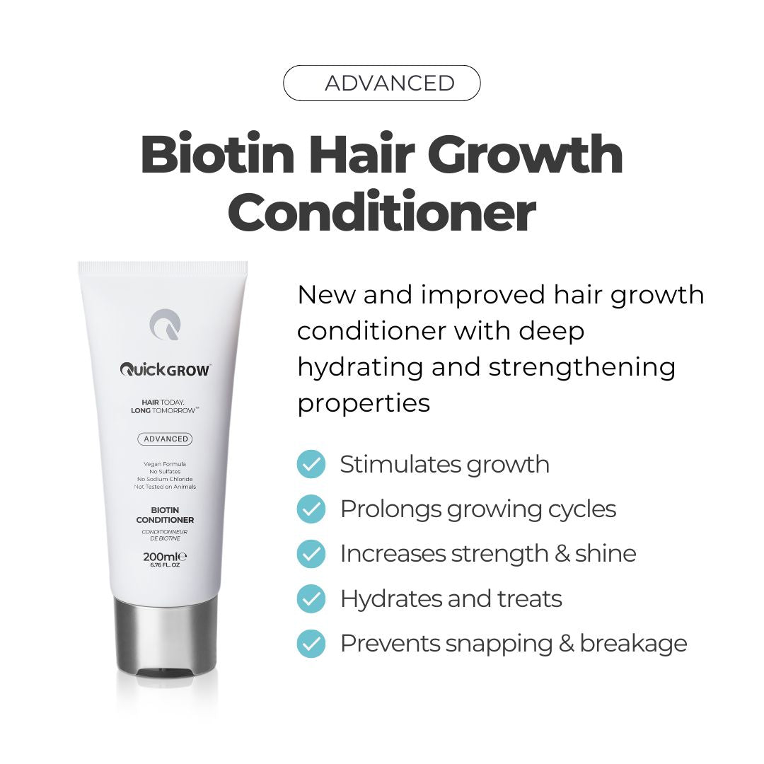 Official product and benefits graphic for Quick Grow Biotin Conditioner 200ml