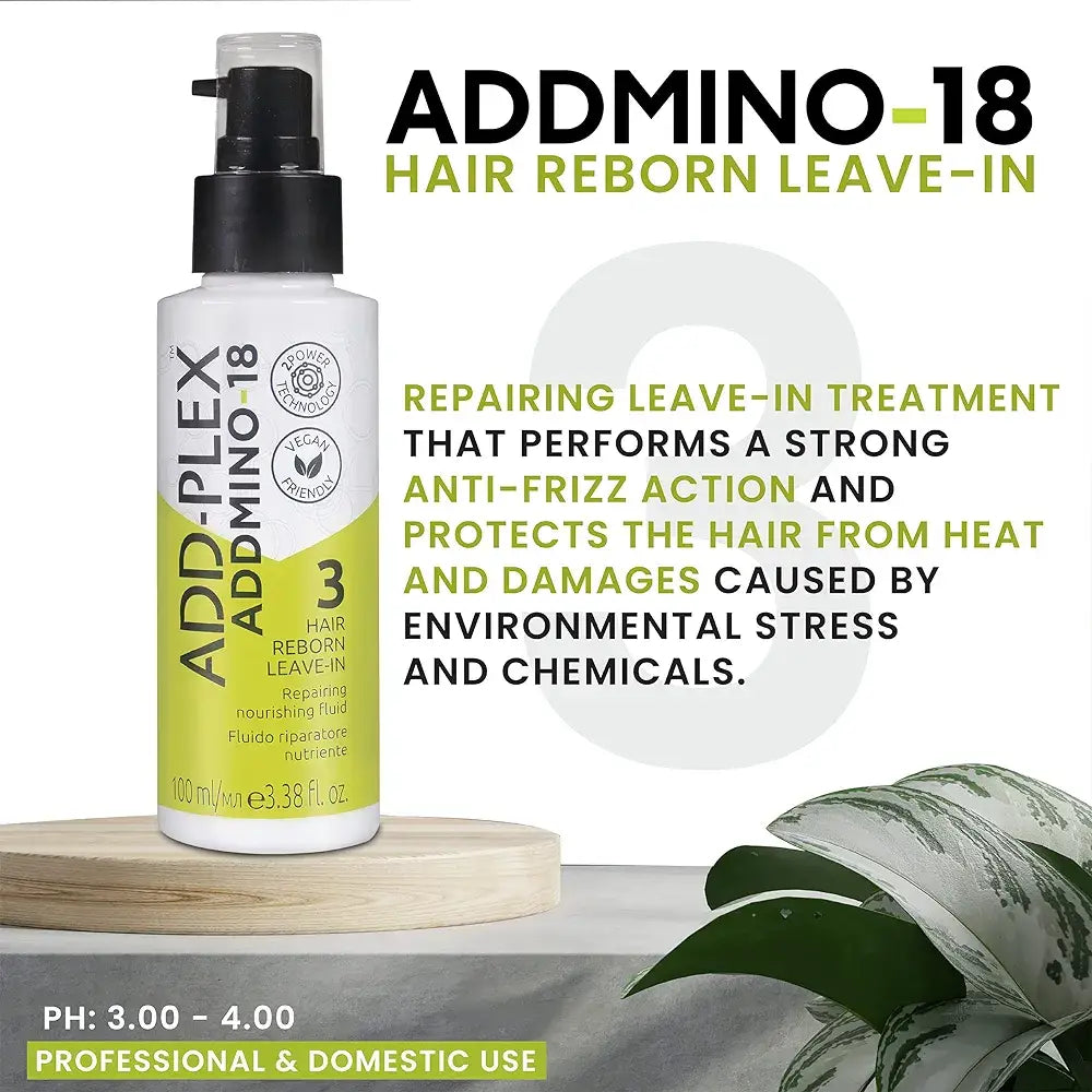Addmino 18 Hair Reborn Leave-In Treatment: Repair, Anti-Frizz, Heat Protection. Vegan & Professional Hair Care.