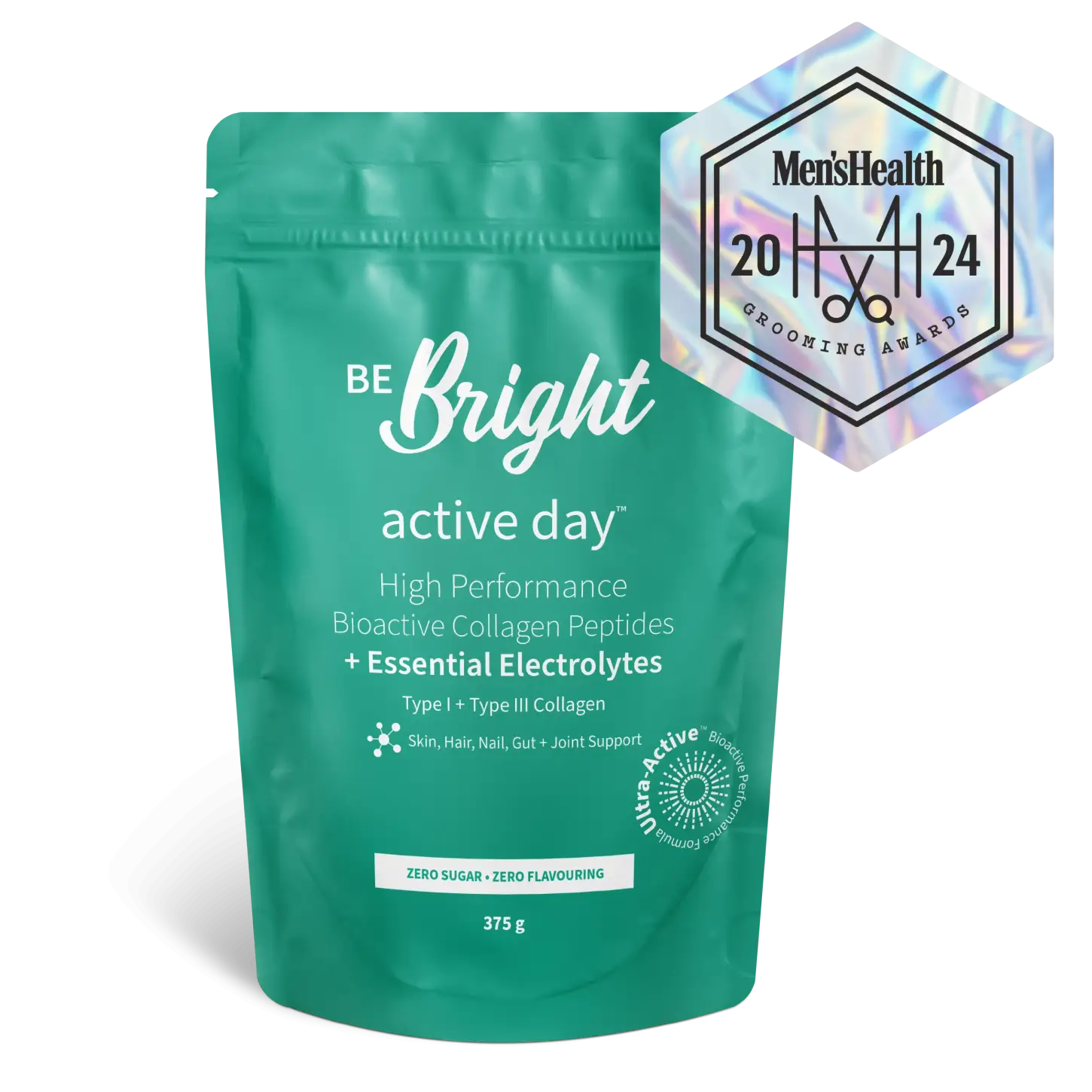 Be Bright Active Day Collagen Peptides + Electrolytes (375g). Men's Health Award Winner for muscle recovery & performance.