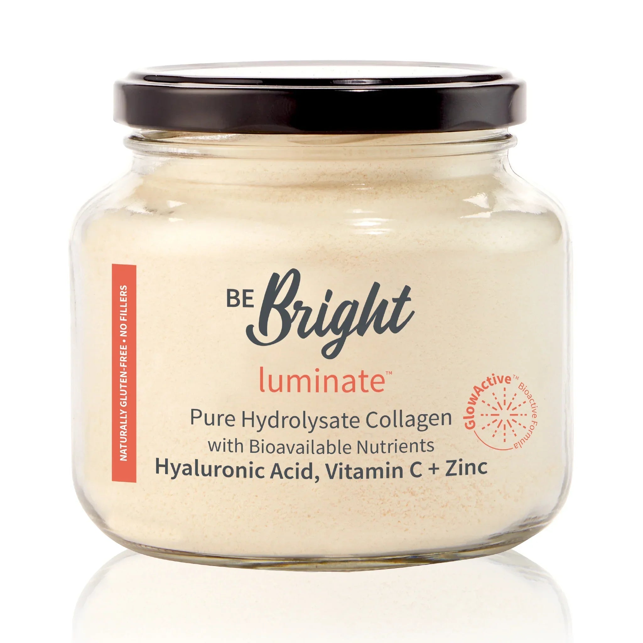 Be Bright Luminate Collagen Powder Jar 280g for Radiant Skin, featuring hydrolyzed collagen for youthful glow.