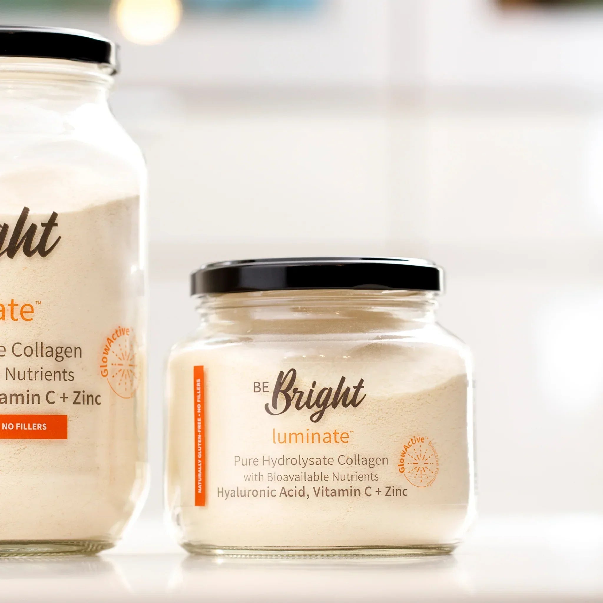 Be Bright Luminate Collagen Powder Jar 280g for Radiant Skin showcases premium collagen for enhanced skin glow.