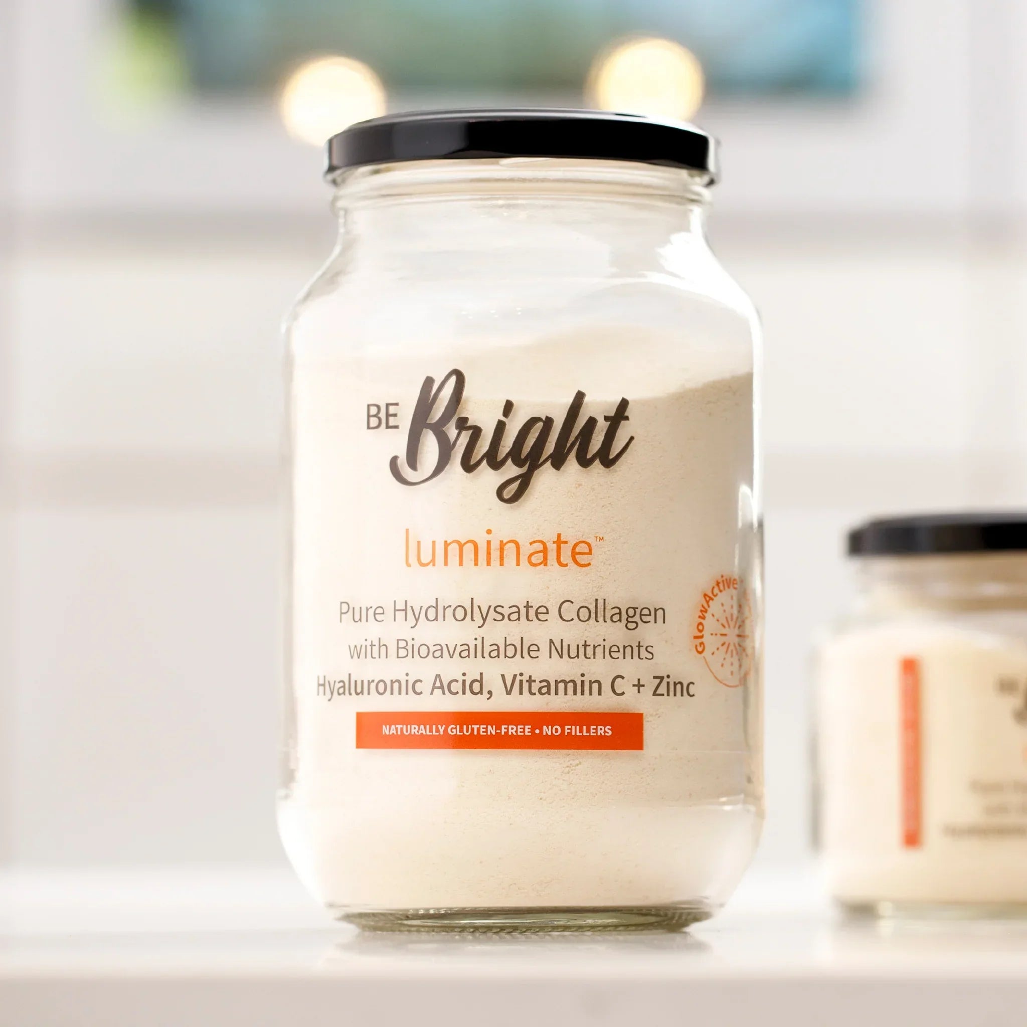 Be Bright Luminate Collagen Powder Jar 500g enhances radiance for skin and hair with bioavailable nutrients.