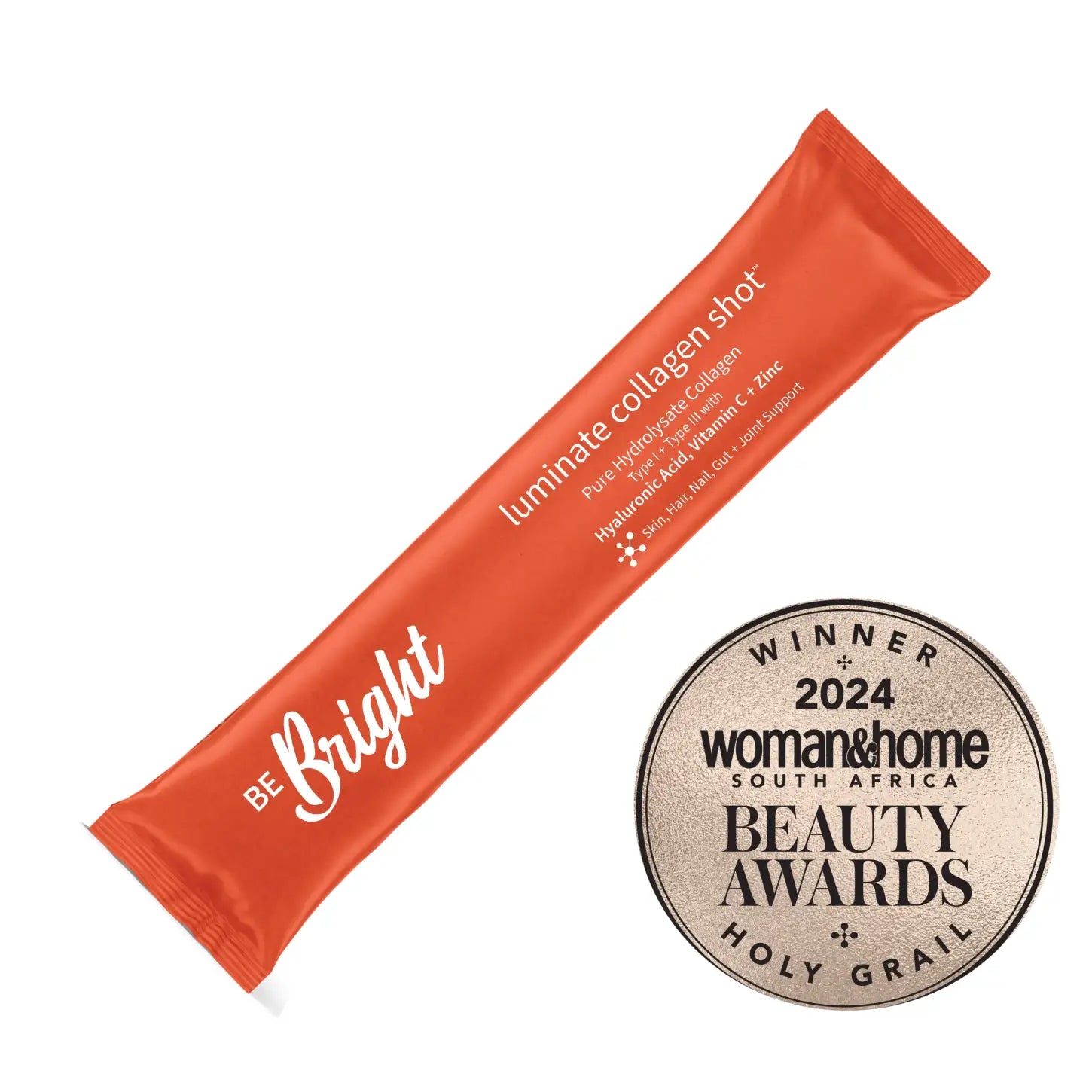 Be Bright Luminate Collagen Powder Shot 10g in a sleek package, perfect for a glowing, on-the-go beauty boost.