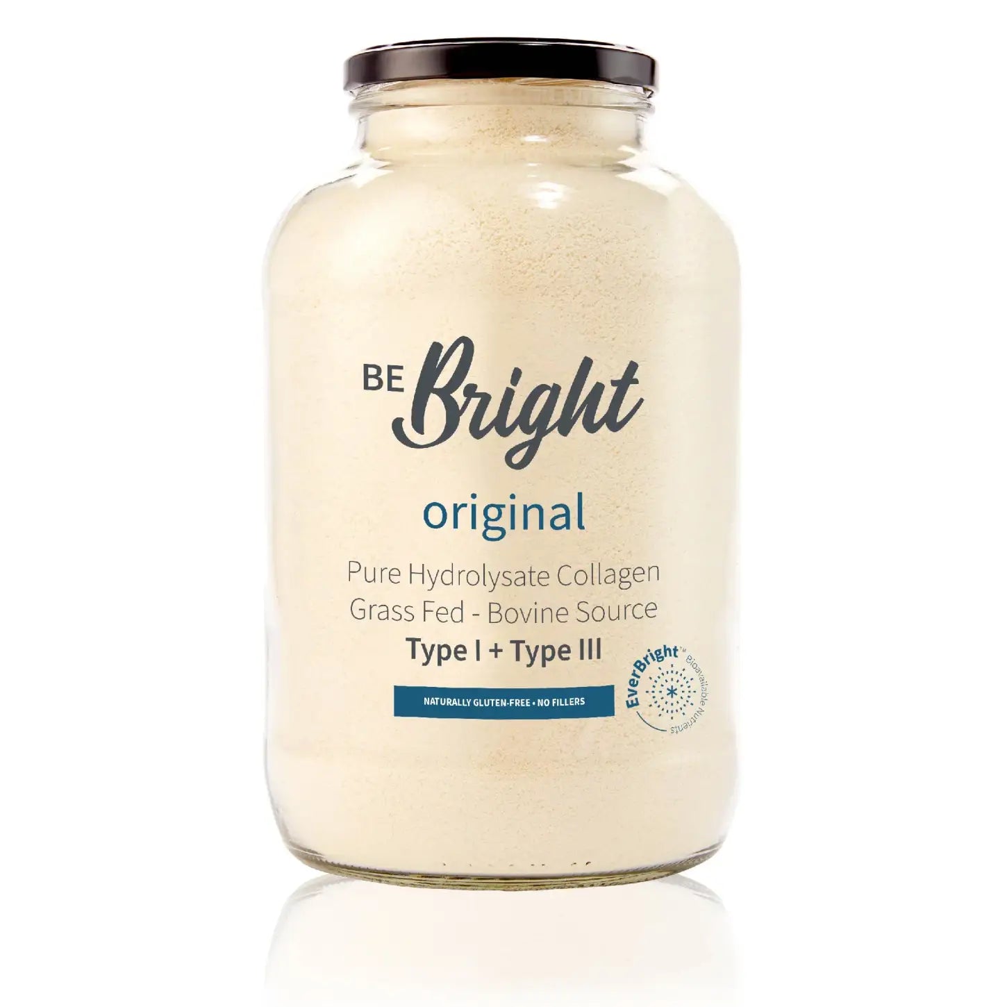 Be Bright Original Collagen Powder 350g in a clear jar, showcasing premium grass-fed hydrolysed collagen for wellness.