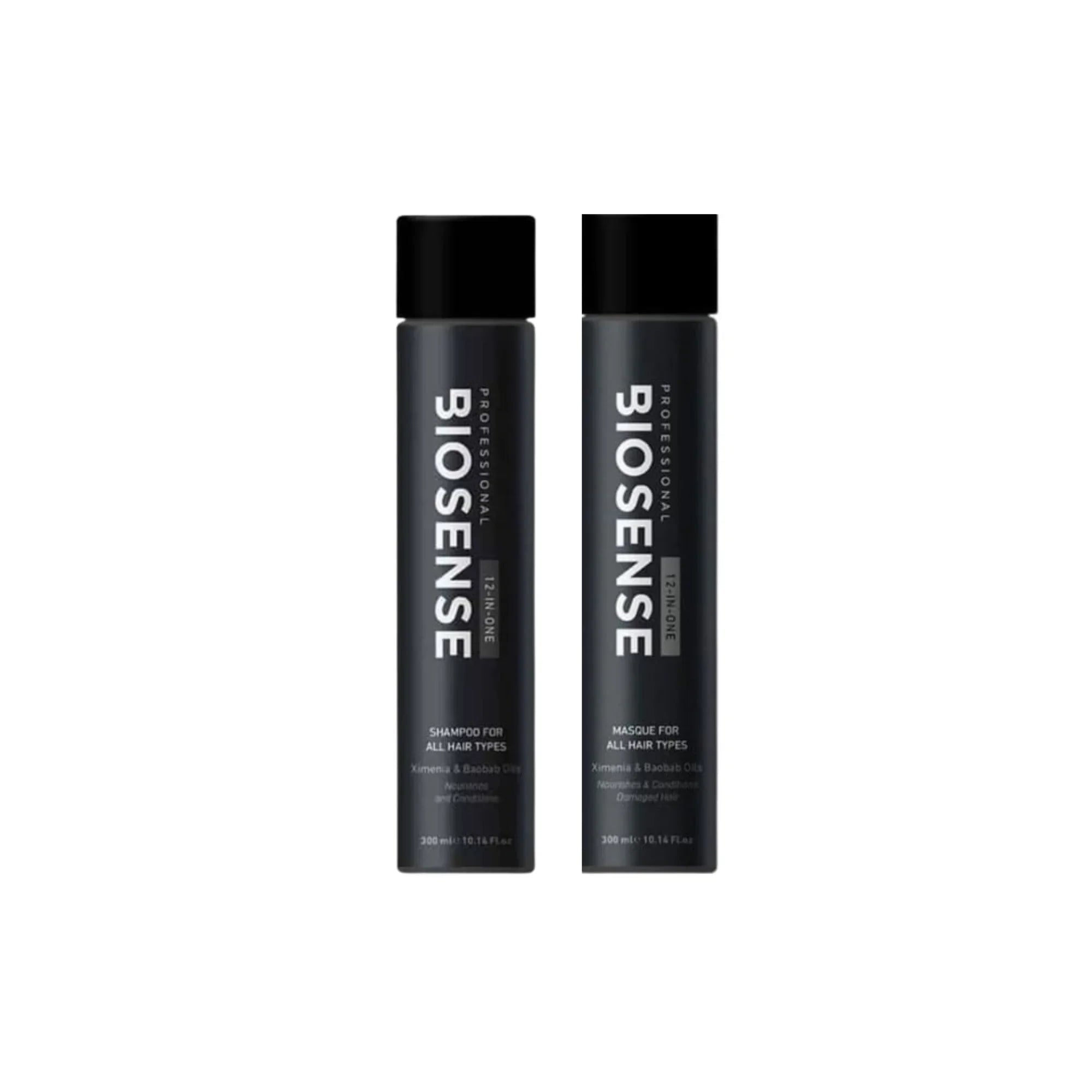 Biosense hair care: shampoo & masque w/ baobab oil. 12-in-1 formula for all hair types. Hydrating, nourishing, and revitalizing products.