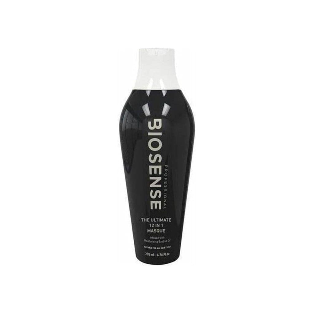 Black bottle of Biosense Ultimate 12-in-1 Hair Treatment Masque 300ml on display