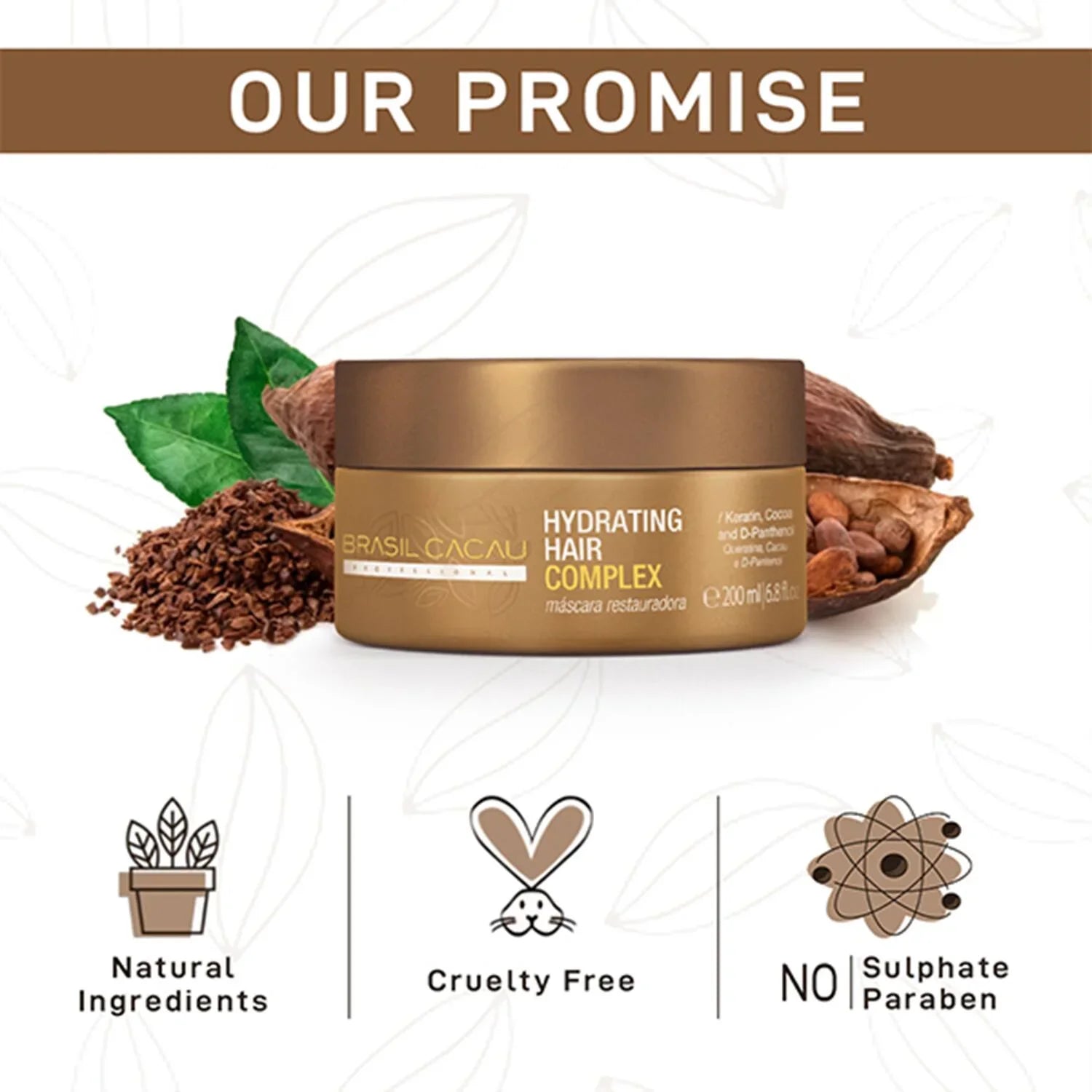 Brasil Cacau Hydrating Hair Complex in a gold container for intense hair moisture