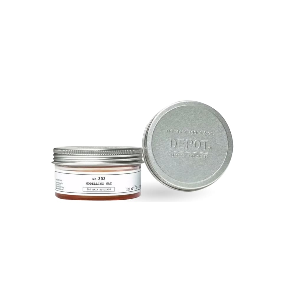 Circular metal container of Depot No 303 clay modeling wax with lid beside it, 75 ml