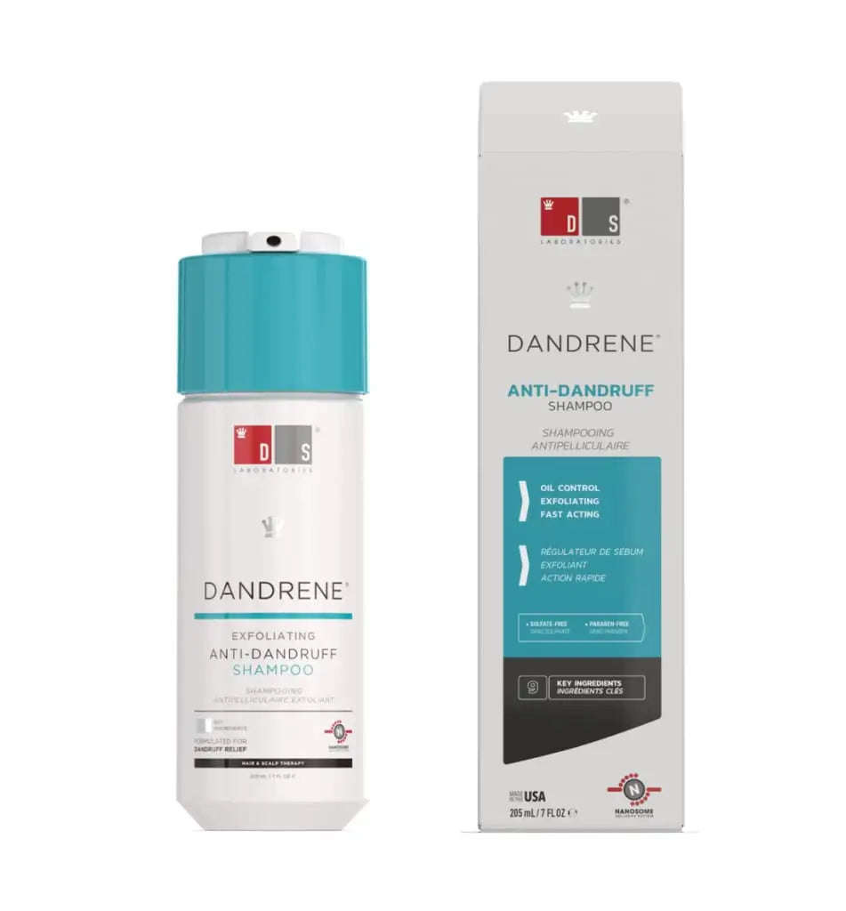 Anti-dandruff shampoo bottle and its packaging box from the brand Dandrene.