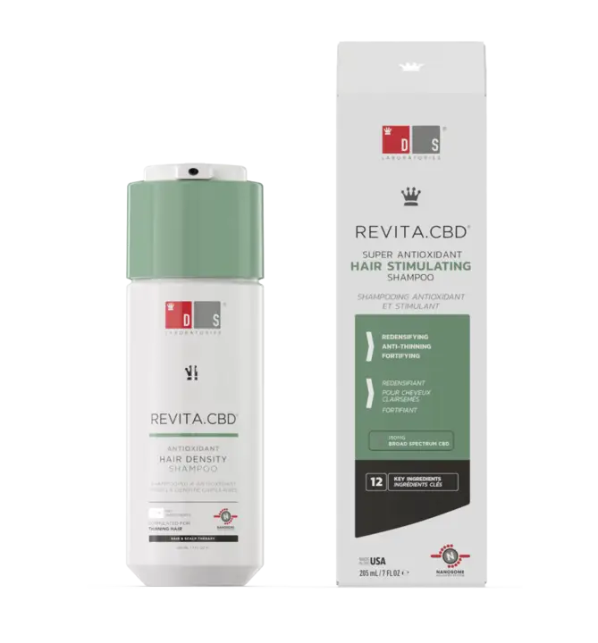 DS Laboratories Revita CBD Shampoo: Hair Growth & Thickening Shampoo, Antioxidant, Density. Stimulating shampoo. 205ml bottle and box.