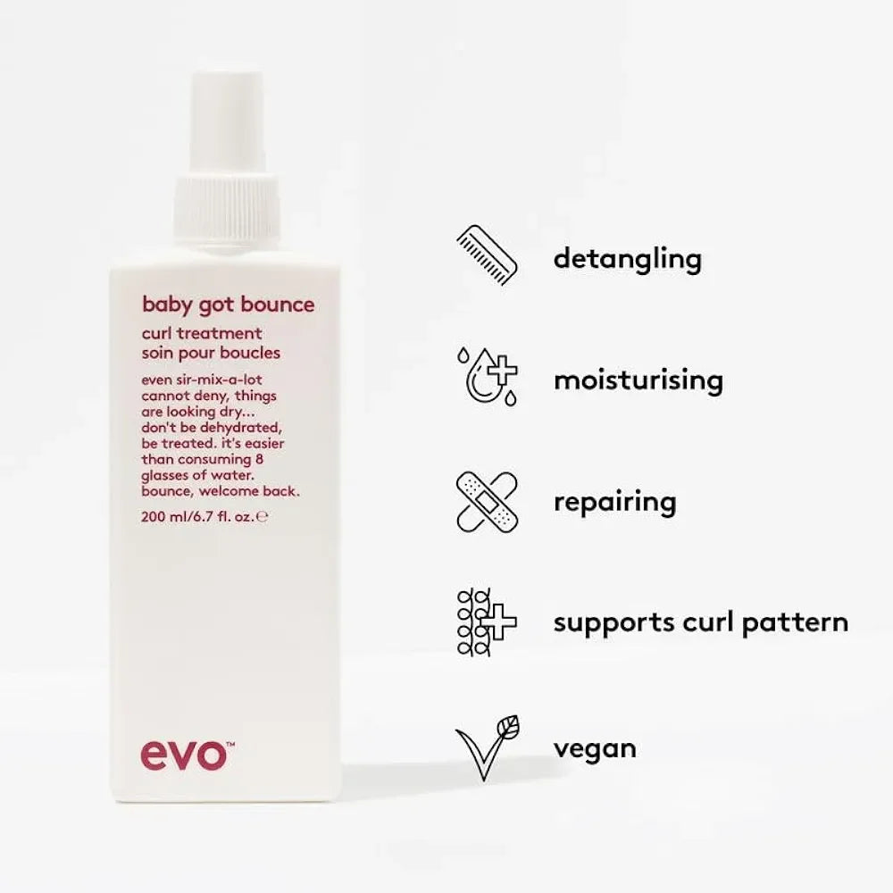 EVO Baby Got Bounce Curl Treatment styling aid bottle with benefits like detangling moisturizing and repairing