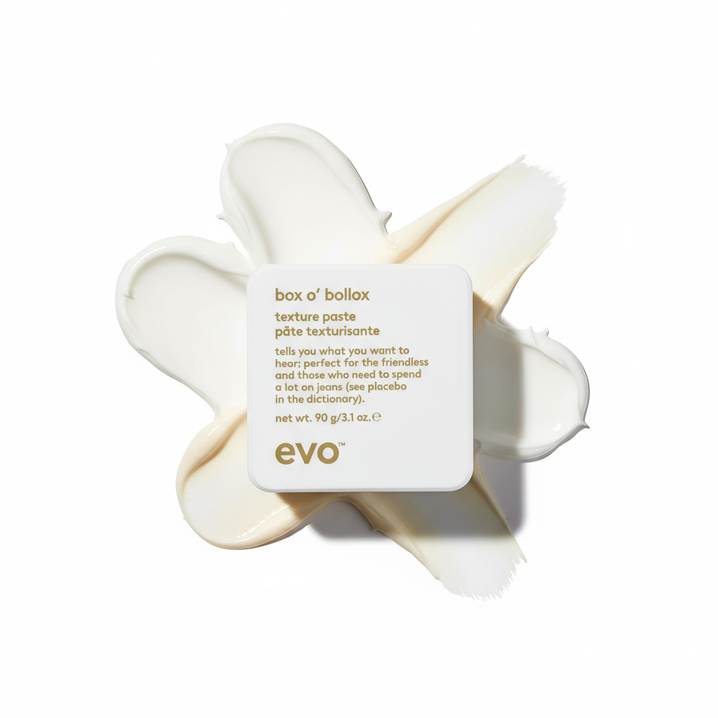 EVO Box O' Bollox Xtra Strong Hold Texture Paste in white container with product swatch background