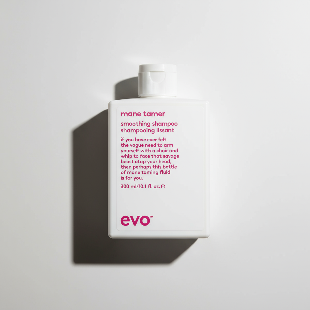 EVO Mane Tamer Smoothing Shampoo white bottle with pink text for hair smoothing and taming