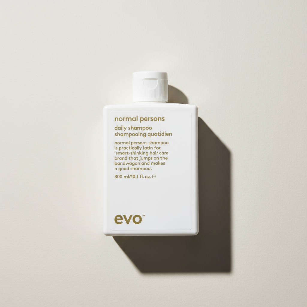 EVO Normal Persons Daily Shampoo white bottle with gold text for everyday hair care