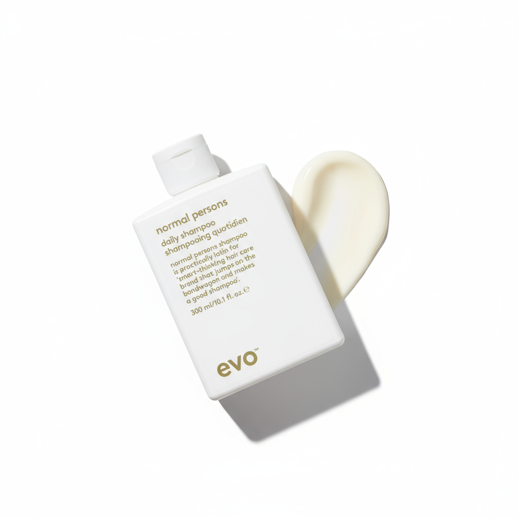 EVO Normal Persons Daily Shampoo white bottle with creamy shampoo texture beside it on white background